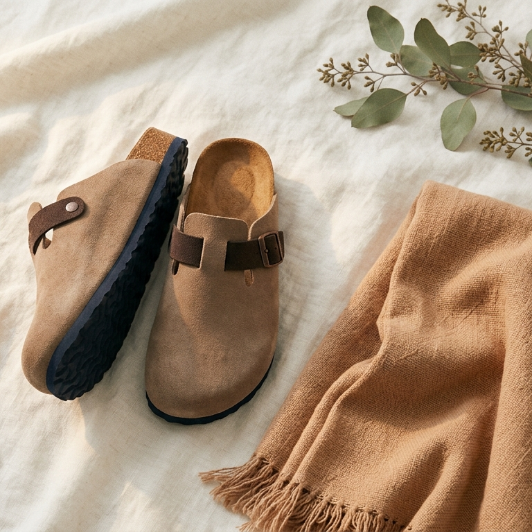 Pair of brown slippers on a soft white surface with a blanket and plant.
